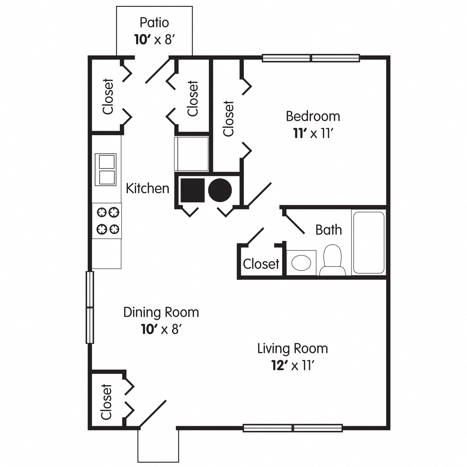 Floor plan for 1 bed, 1 bath, 617 sqft