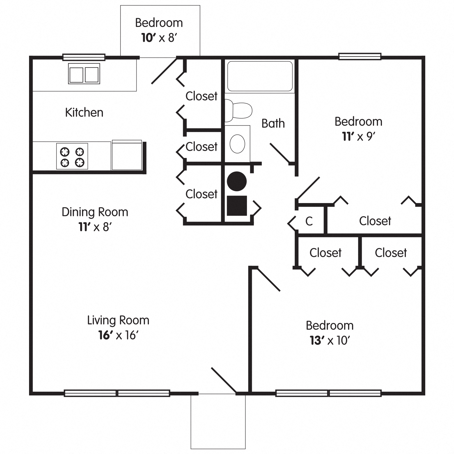 Floor plan for 2 beds, 1 bath, 764 sqft