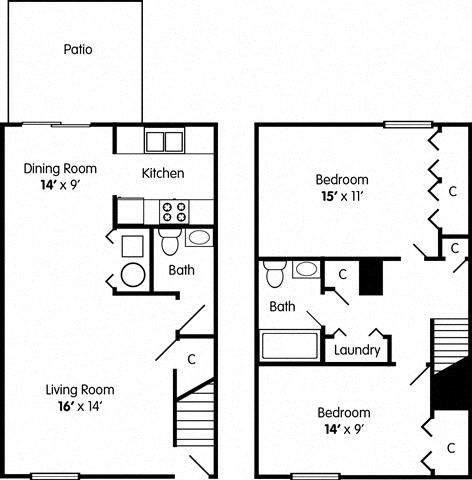 Floor plan for 2 beds, 1.5 baths