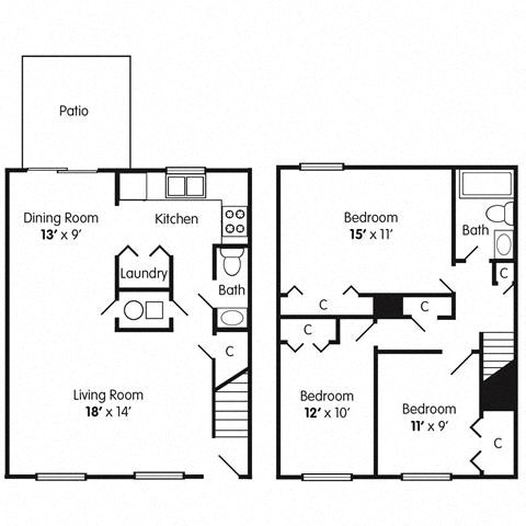 Floor plan for 3 beds, 1.5 baths