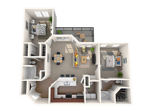 Floor plan for 2 beds, 2 baths, 1075 sqft
