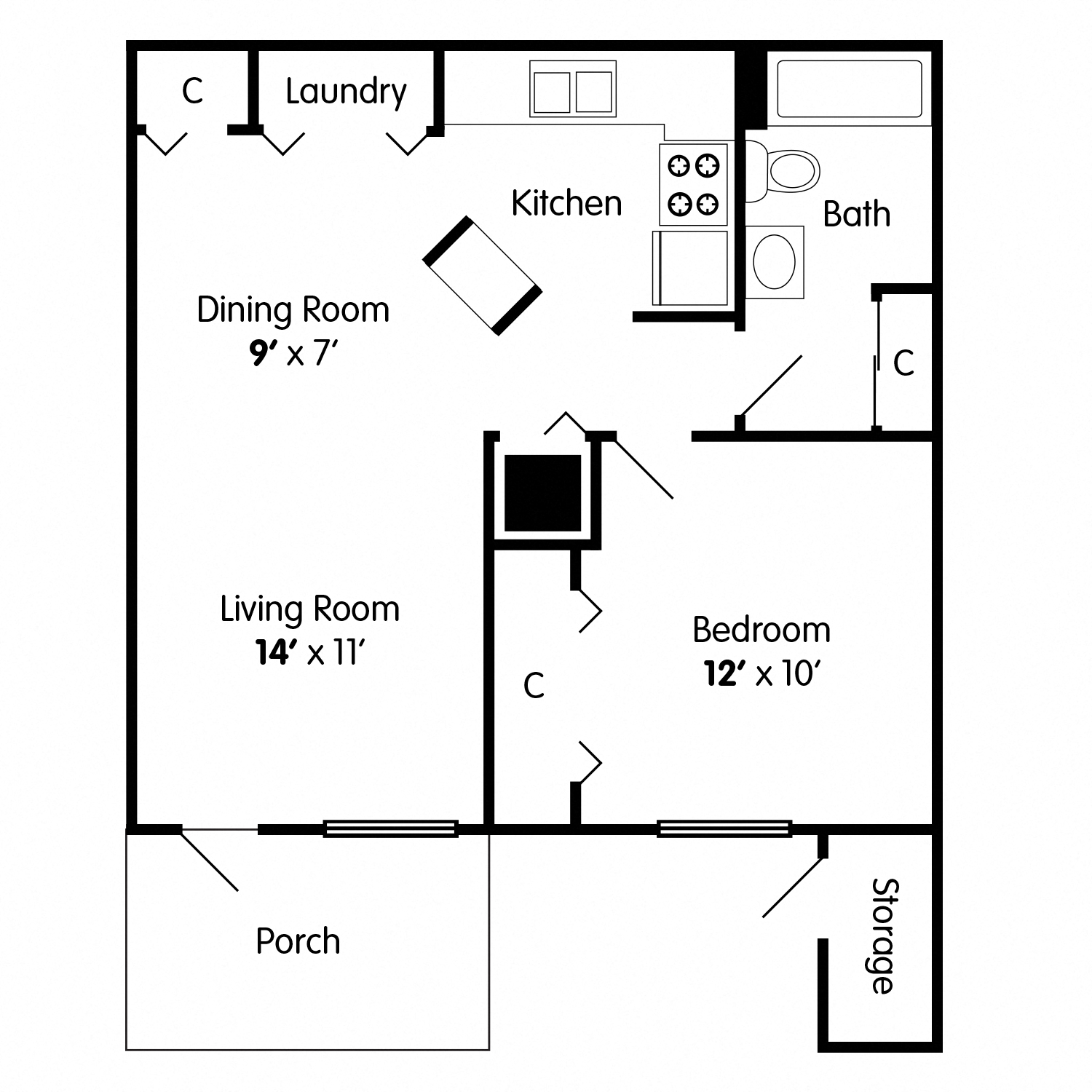Floor plan for 1 bed, 1 bath, 609 sqft