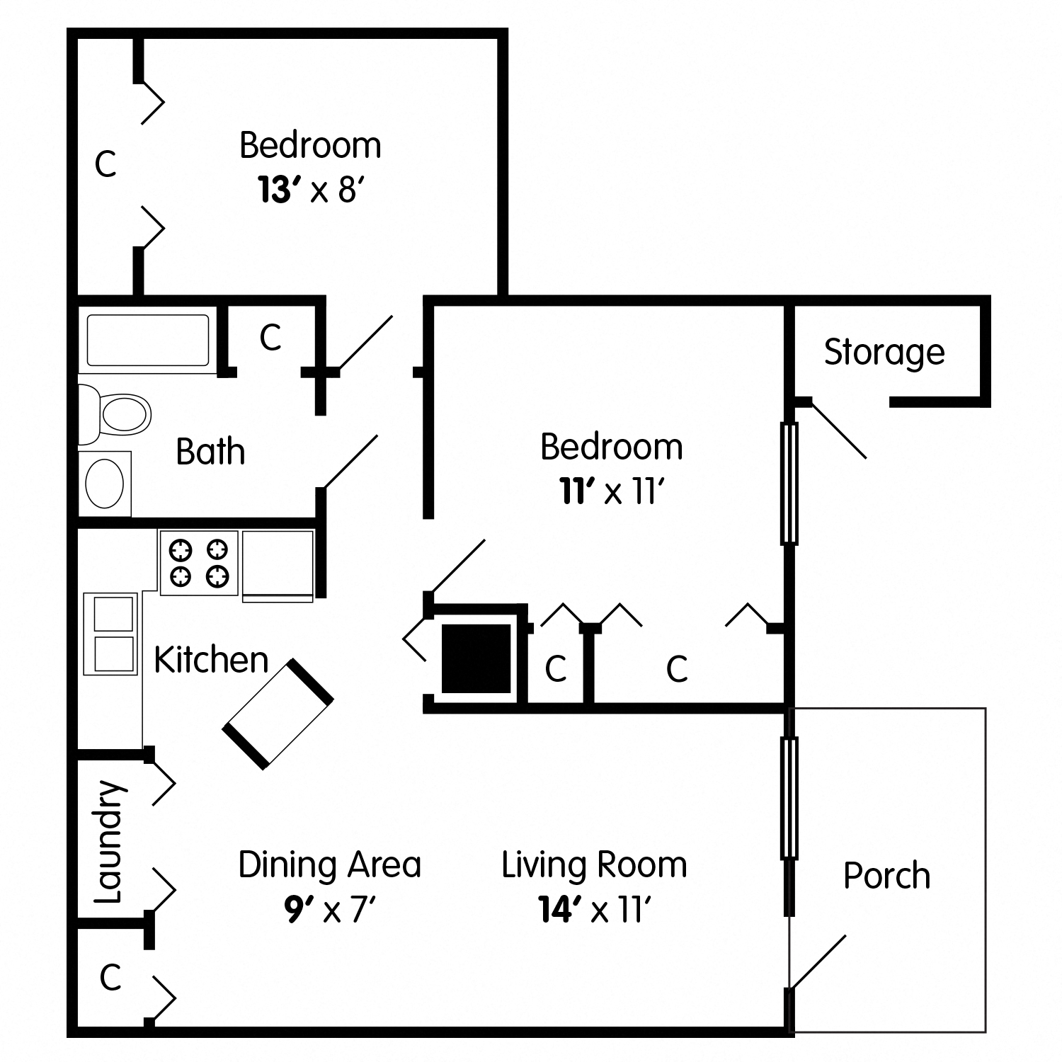 Floor plan for 2 beds, 1 bath, 774 sqft