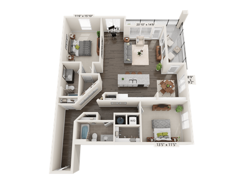 Floor plan for 2 beds, 2 baths, 1492 sqft