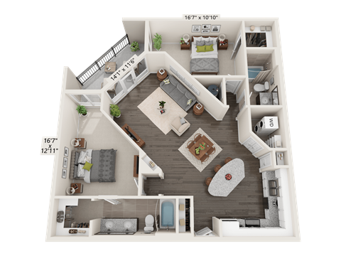 Floor plan for 2 beds, 2 baths, 1200 sqft