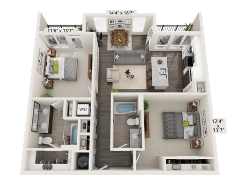 Floor plan for 2 beds, 2 baths, 1049 sqft