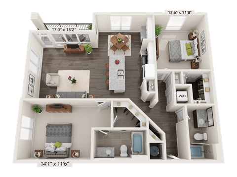 Floor plan for 2 beds, 2 baths, 1237 sqft