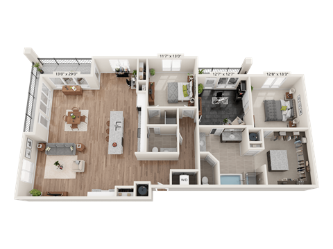 Floor plan for 2 beds, 2 baths, 1991 sqft