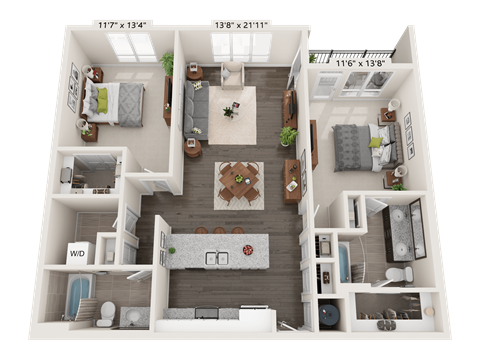 Floor plan for 2 beds, 2 baths, 1059 sqft