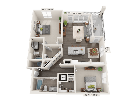 Floor plan for 2 beds, 2 baths, 1262 sqft