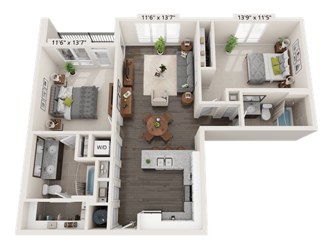 Floor plan for 2 beds, 2 baths, 1117 sqft