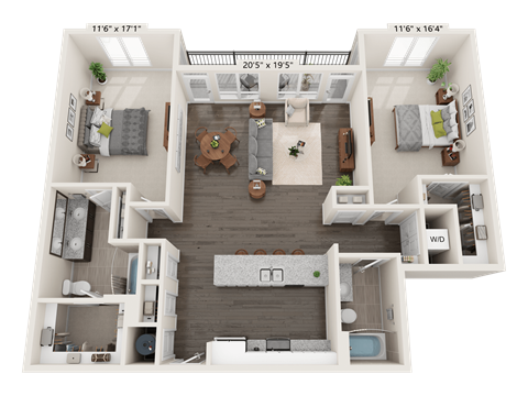 Floor plan for 2 beds, 2 baths, 1400 sqft