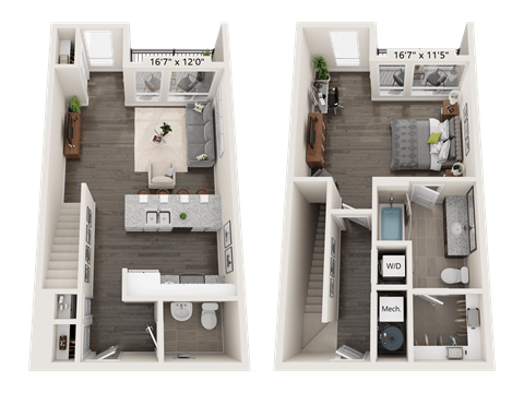 Floor plan for 1 bed, 1.5 baths, 1046 sqft