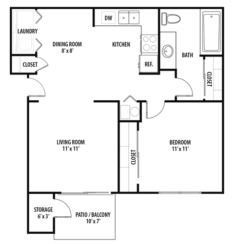 Floor plan for 1 bed, 1 bath, 645 sqft