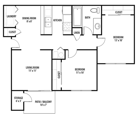 Floor plan for 2 beds, 1 bath, 777 sqft