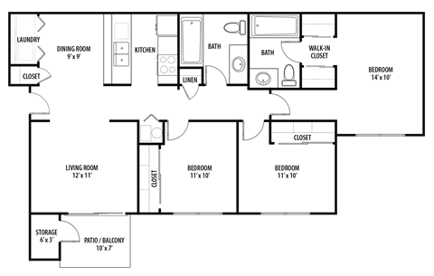 Floor plan for 3 beds, 2 baths, 1066 sqft