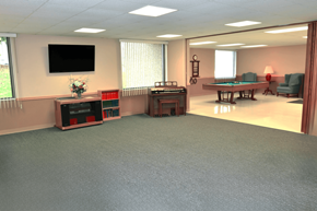 Kent apartment for rent - Entertainment area with a pool table, a television, and a small piano at Kentwood Square Apartments.
