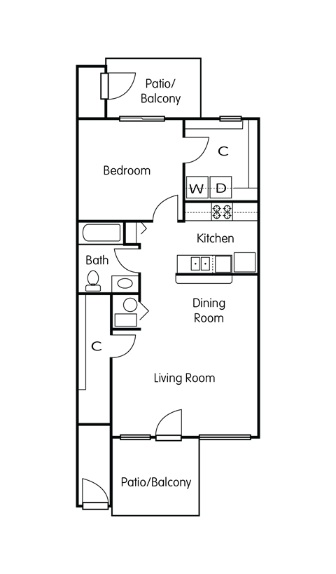 Floor plan for 1 bed, 1 bath, 811 sqft