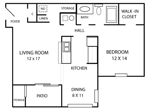 Floor plan for 1 bed, 1 bath, 715 sqft