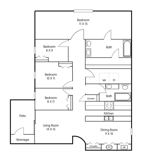 Floor plan for 4 beds, 2 baths, 1333 sqft