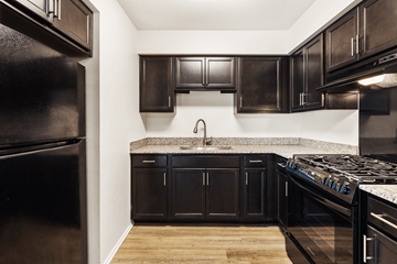 Indianapolis apartment for rent - A kitchen with black cabinets and a granite countertop.