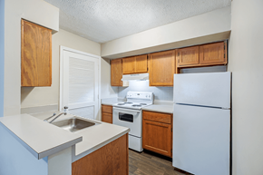 Louisville apartment for rent - Kitchen in a 2-bedroom, 1-bathroom apartment at Hampton Place Apartments, featuring appliances, counter space, and cabinets.