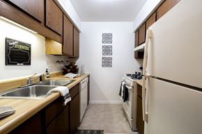 Mishawaka apartment for rent - a kitchen with a sink and refrigerator and a stove