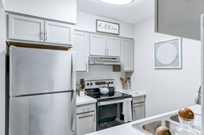 Lorton apartment for rent - Kitchen in a 2-bedroom, 1-bath apartment at Woods of Fairfax, with an electric stove and stainless steel appliances at The Woods of Fairfax Apartments, Lorton, Virginia