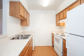 Bloomington apartment for rent - Kitchen in Henderson Court Apartments featuring countertops, cabinets and kitchen appliances.
