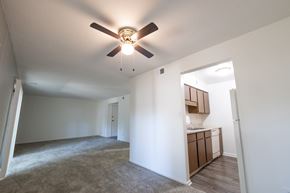 Indianapolis apartment for rent - Open living and dining space with kitchen in a 2 Bedroom Apartment  at Woodlake Apartments