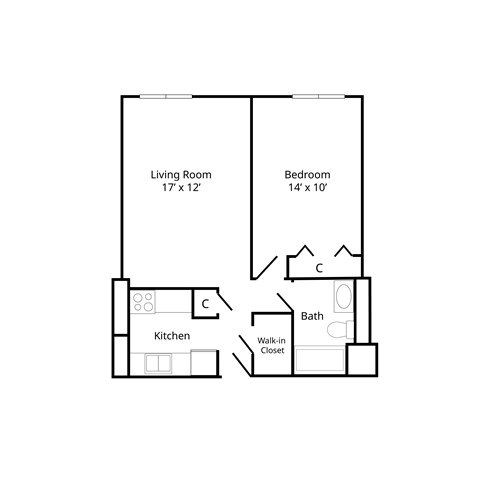 Floor plan for 1 bed, 1 bath, 600 sqft