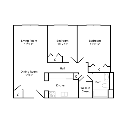 Floor plan for 2 beds, 1 bath, 900 sqft