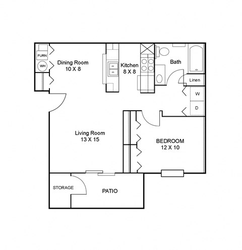Floor plan for 1 bed, 1 bath, 675 sqft