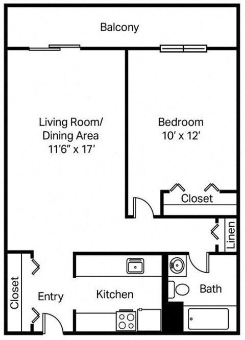 Floor plan for 1 bed, 1 bath, 684 sqft