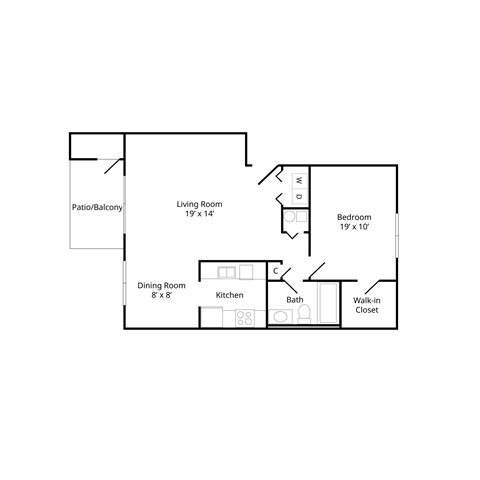 Floor plan for 1 bed, 1 bath, 704 sqft