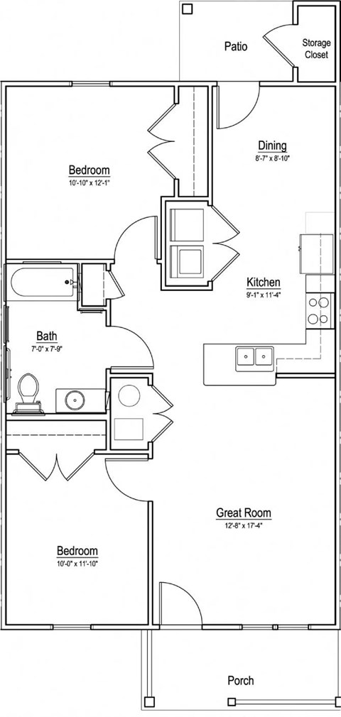 Floor plan for 2 beds, 1 bath, 875 sqft