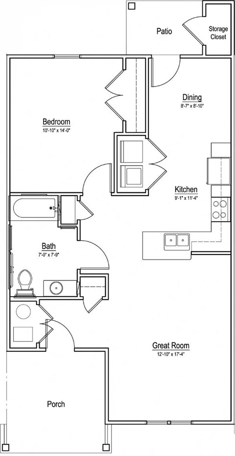 Floor plan for 1 bed, 1 bath, 797 sqft