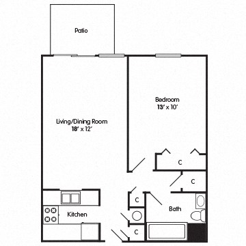 Floor plan for 1 bed, 1 bath, 600 sqft