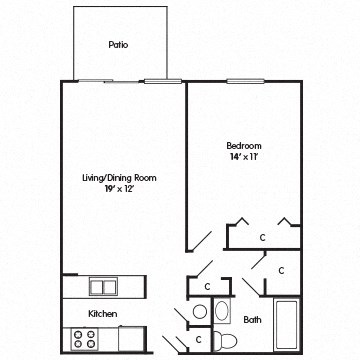 Floor plan for 1 bed, 1 bath, 600 sqft