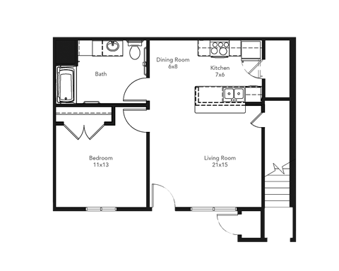 Floor plan for 1 bed, 1 bath, 728 sqft