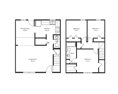 Floor plan for 3 beds, 1.5 baths, 1259 sqft