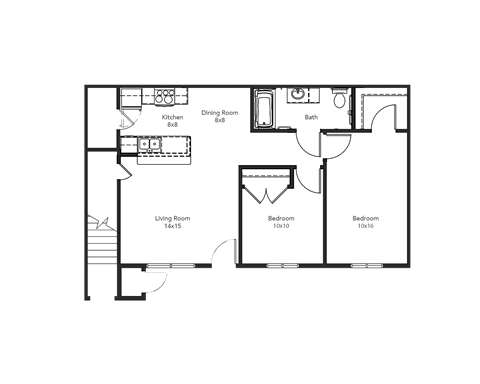 Floor plan for 2 beds, 1 bath, 908 sqft