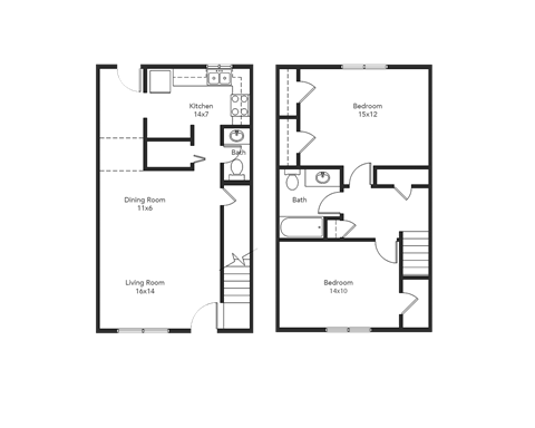 Floor plan for 2 beds, 1.5 baths, 1134 sqft