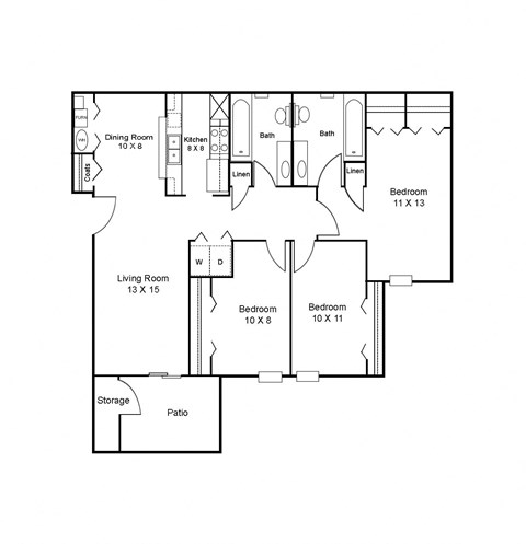 Floor plan for 3 beds, 2 baths, 1088 sqft