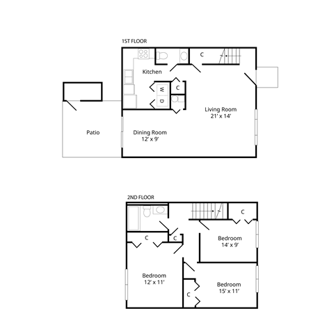 Floor plan for 3 beds, 1.5 baths, 1164 sqft
