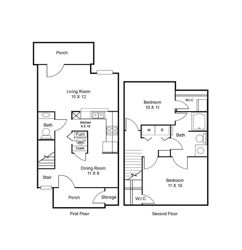 Floor plan for 2 beds, 1.5 baths, 963 sqft