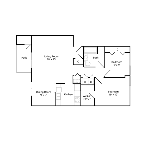 Floor plan for 2 beds, 1 bath, 1064 sqft
