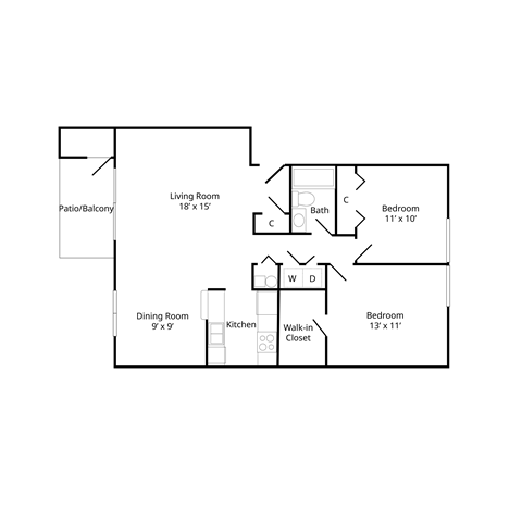Floor plan for 2 beds, 1 bath, 1064 sqft