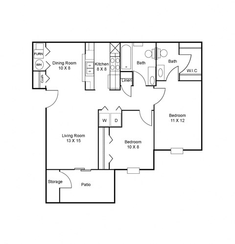 Floor plan for 2 beds, 1.5 baths, 876 sqft