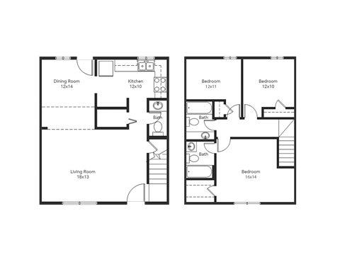 Floor plan for 3 beds, 2.5 baths, 1632 sqft